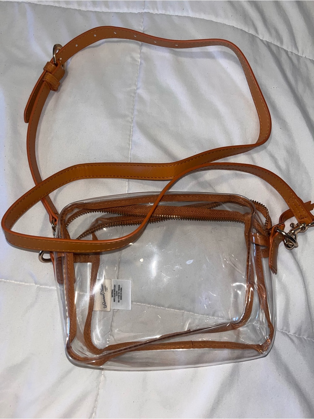 Clear Crossbody Bag with Tan Trim and Adjustable Strap